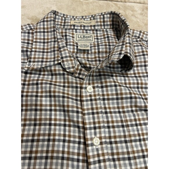 LL Bean Men’s L-Tall Brown Plaid Cotton Wrinkle Resistant Long Sleeve Shirt - Picture 3 of 11